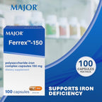MAJOR Ferrex-150 Polysaccharide-Iron Complex Capsules 150mg Iron Supplement for Women and Men – Gentle on Stomach – 100 Capsules (2 Pack)