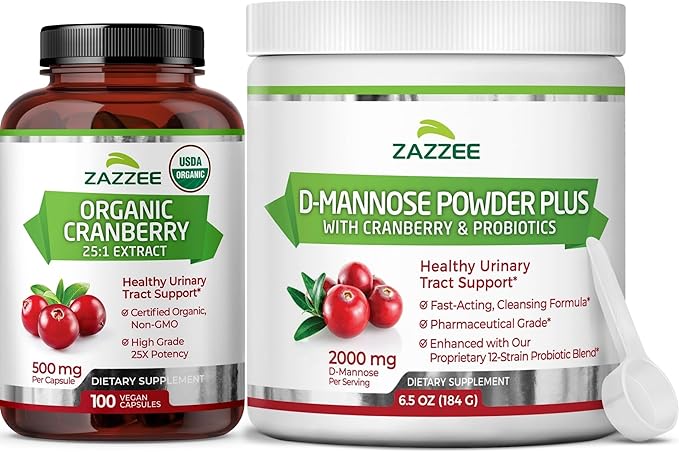 Zazzee Urinary Tract Cleanse Bundle | Fast Acting Probiotic Cranberry D Mannose Powder Plus 25:1 USDA Organic Cranberry Extract Capsules for Women | Non-GMO Vegan & ISO Lab Tested