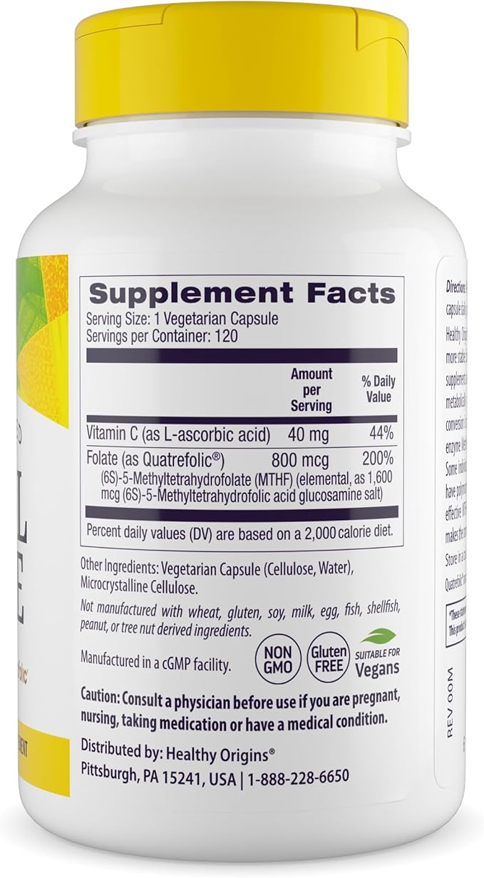 Healthy Origins Methyl Folate 800 mcg, 120 Veggie Capsules, Quatrefolic (6S)-5-Methyltetrahydrofolate, Active MTHFR Form Supports Prenatal, Brain & Heart Health, B9 Supplement - 4 Month Supply