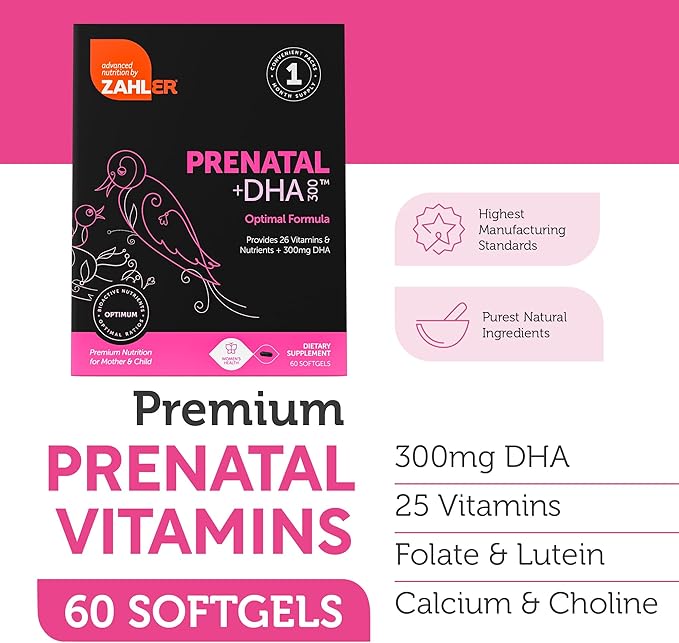 Zahler Prenatal Vitamin with DHA & Folate - DHA Supplements & Prenatal Multivitamin for Mother and Child - Kosher Prenatal DHA Prenatal Vitamins with Iron, Pre Natal Softgels 60 Count