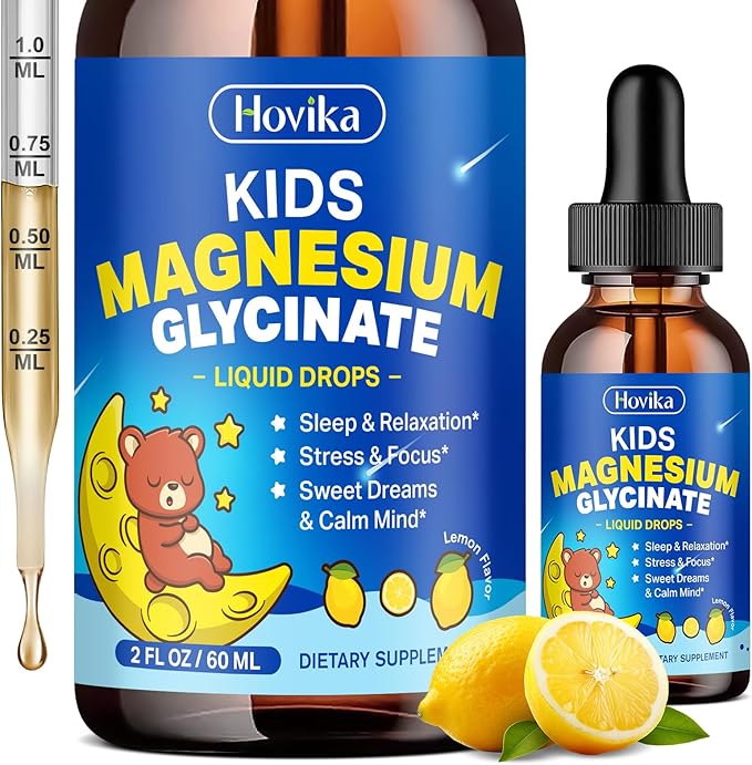 Magnesium Glycinate Liquid for Kids - with L-Theanine Omega-3, Vitamin B6, D3, Zinc - Kids Magnesium Drops for Sleep, Relaxation, Calm & Focus - 2 Fl Oz, Lemon Flavor