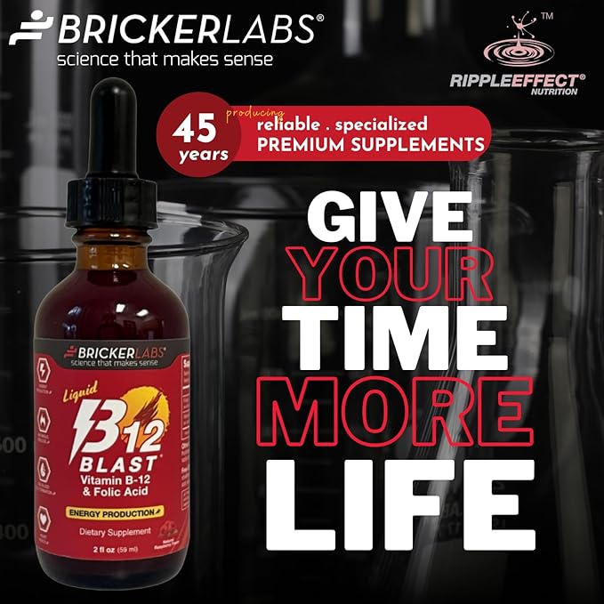 Bricker Labs B-12 Blast Liquid Vitamin B12 and Folic Acid Supplement, Support Energy Production, Great Tasting Liquid Vitamin B12 Dietary Supplement in Natural Raspberry Flavor, 2 fl oz Bottle