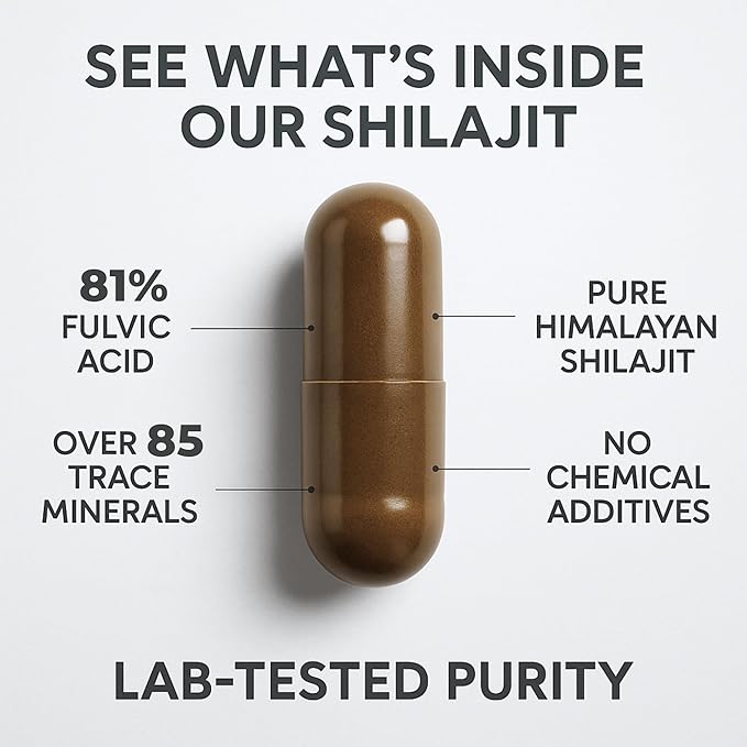 Natural Himalayan Shilajit Capsules - High Fulvic Acid & 85+ Trace Minerals, Lab-Tested for Purity, Natural Supplement for Immune Support & Cognitive Health, 60 Vegan Capsules