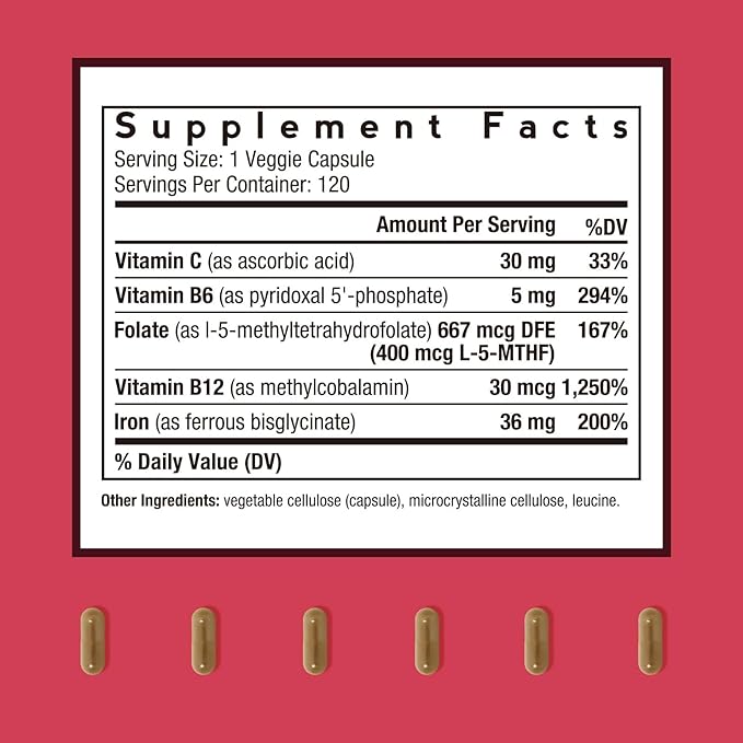 Doctor's Recipes Iron Supplement for Women Men - Gentle Iron Bisglycinate with Vitamin C, B6, Folate & B12, Stomach Friendly Iron Pills, 120 Vegan Caps
