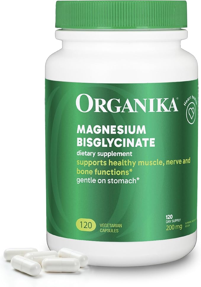 Organika Magnesium Bisglycinate 200 mg – 120 Vegetarian Capsules, Gentle on Stomach Magnesium Supplement to Support Healthy Muscle, Nerve & Bone Function