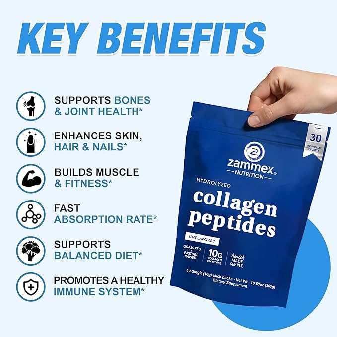 Premium Collagen Peptides Powder, 30 Sticks Travel Packets(Type I, III), Unflavored Collagen Protein Powder to Go, Hydrolyzed Collagen Peptides for Skin Hair Nail Joint, 10g per Serving, Paleo & Keto