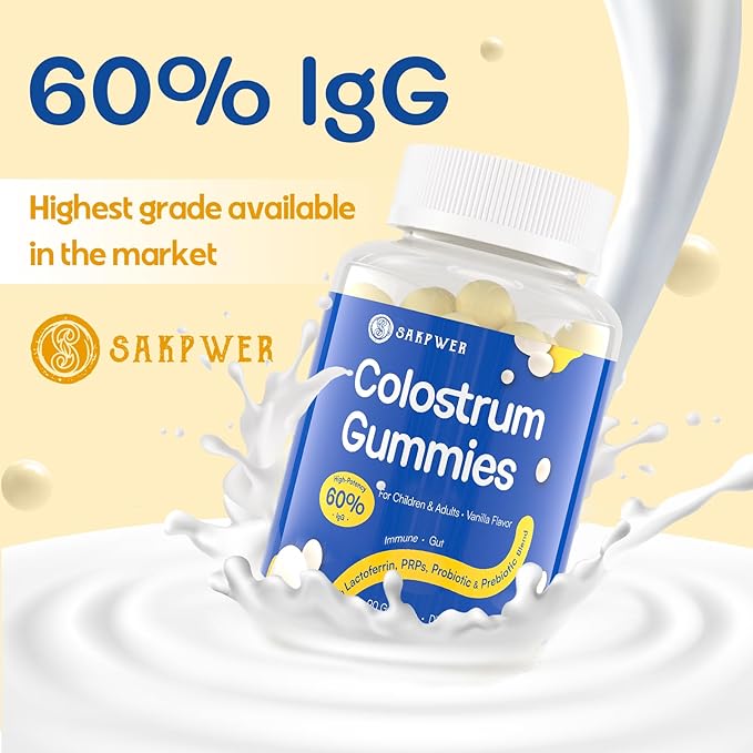 Bovine Colostrum Supplement Gummies - with 60% Highest IgG, Lactoferrin, Probiotics and Prebiotics for Adults and Kids, Vanilla Flavor & Sugar Free, 90 Gummies