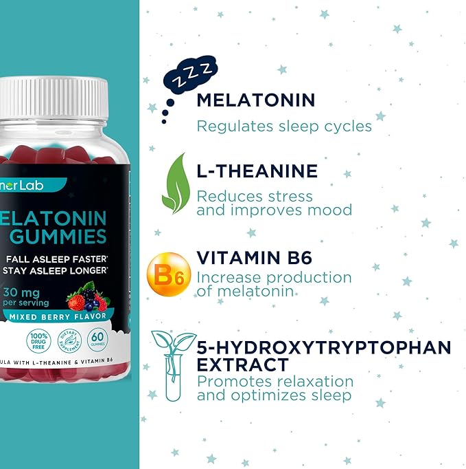 BionerLab Melatonin Gummies (30mg) Enhanced with L-theanine & Vitamin B6 for Adult Women Men - Extra Strength Chewables Calm Gummy - Gluten Free
