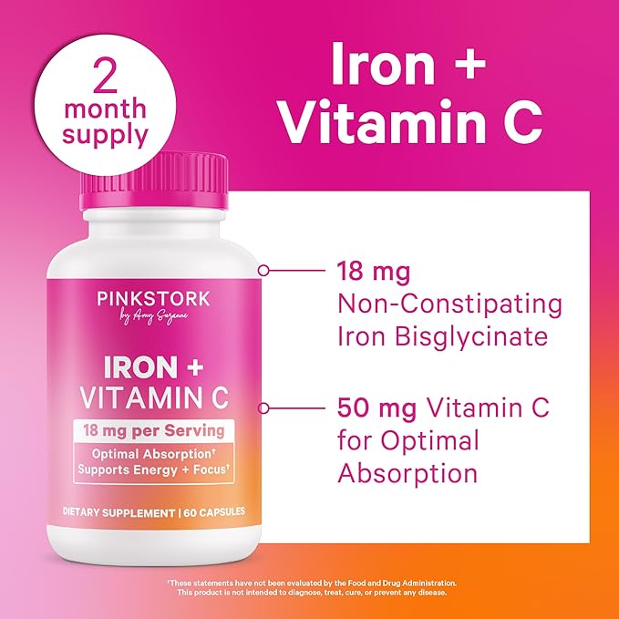 Pink Stork Prenatal Iron Supplement for Women - 18 mg Non-Constipating Iron & Vitamin C for Pregnancy, Postpartum, & Breastfeeding - Focus, Fatigue, & Blood Cell Production - 4 Month Supply
