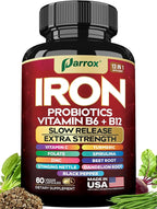 Iron Supplement with Slow Release Iron, Probiotics, Spirulina, Turmeric, Vitamin B6, B12, C, Zinc, Folate, Beetroot, Nettle Leaf, Dandelion Root, Black Pepper, Extra Strength, 60 Vegan Capsules