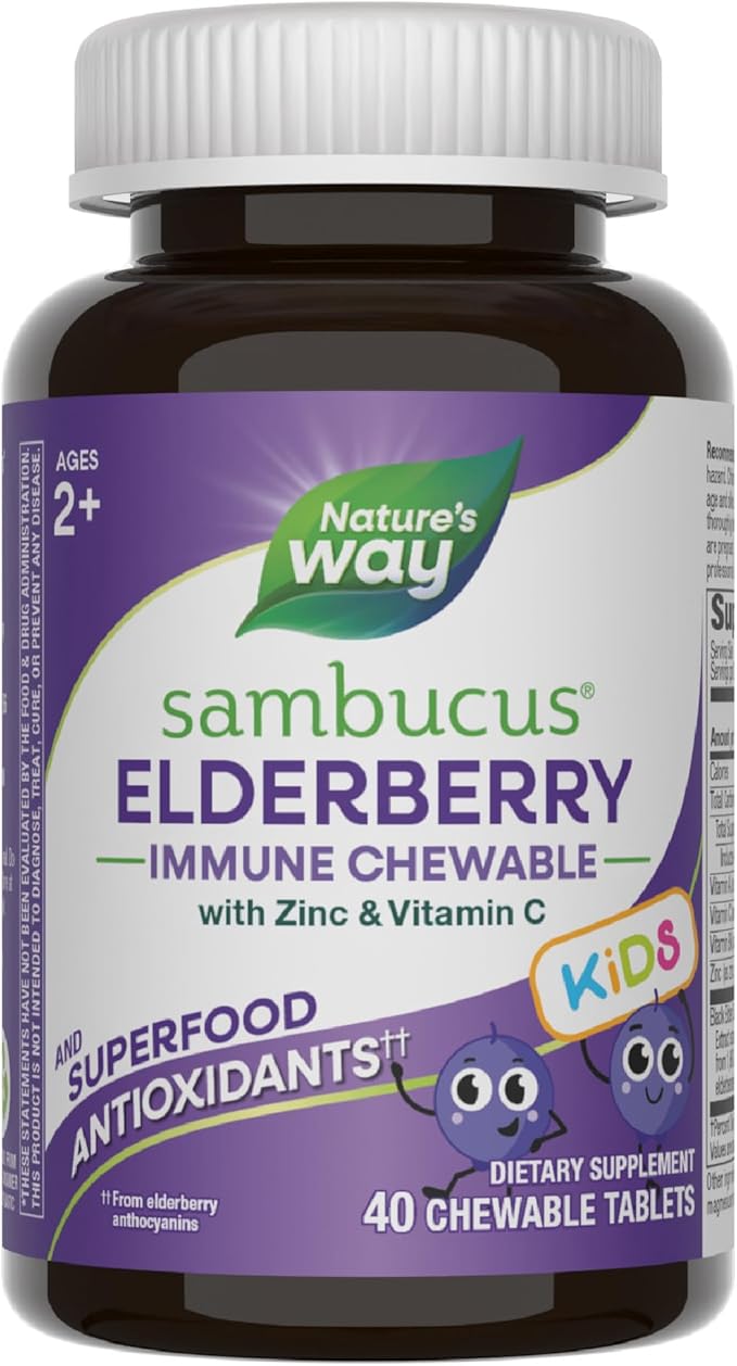 Nature's Way Sambucus Elderberry Immune Chewable for Kids, Ages 2+, Immune Support*, Vitamin C, Zinc, with Superfood Antioxidants(1), Gluten Free, 40 Chewable Tablets (Packaging May Vary)