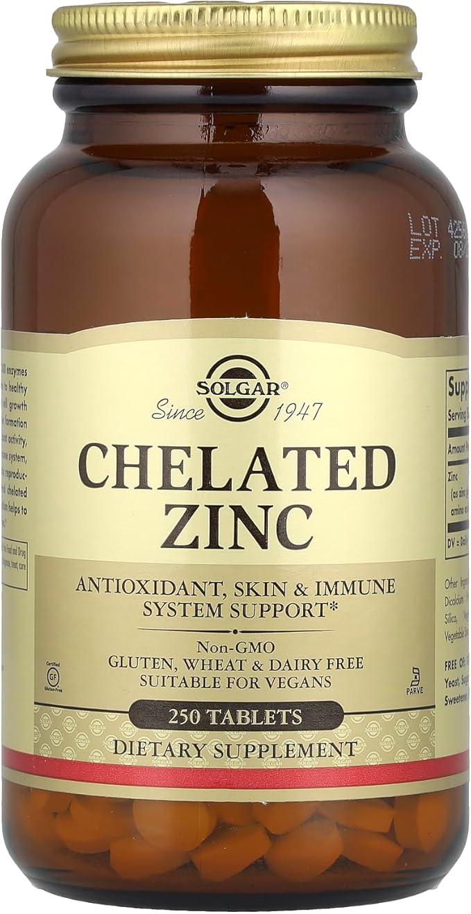 Solgar Chelated Zinc, 250 Tablets - Zinc for Healthy Skin - Supports Cell Growth & DNA Formation - Exerts Antioxidant Activity - Supports A Healthy Immune System - Non GMO, Vegan - 250 Servings