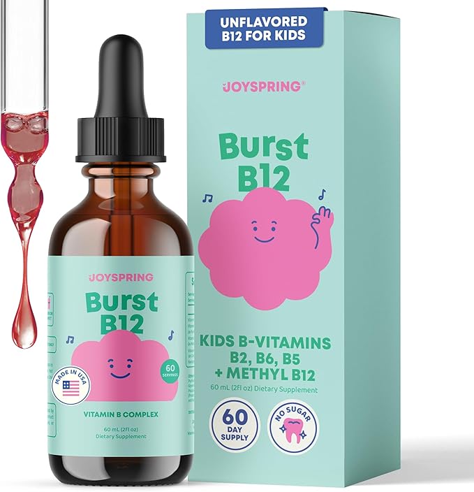 JoySpring Burst B12 Drops - Vitamin B Complex for Kids with Methyl B12 Supplement to Support Healthy Growth & Development, Vegan Liquid B12 Drops, Ages 3-16+ | 2 fl oz (60 Servings)