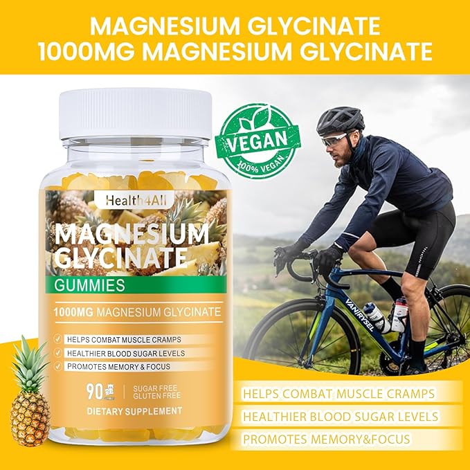 Magnesium Glycinate Gummies 1000mg, High Absorption Sugar Free Magnesium Potassium Supplement for Relaxation, Stress Relief, and Sleep Support for Adults & Kids - 180 Pineapple Gummies