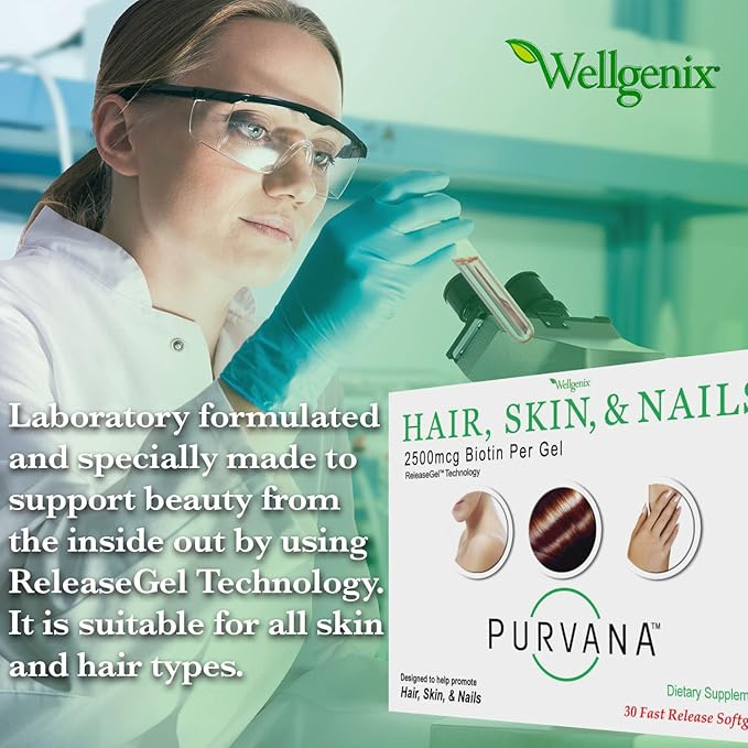 Wellgenix Purvana Hair Skin and Nails Supplement – 2500mcg Biotin Softgels with MSM & B-Complex – Daily Beauty Support for Stronger Nails & Hair Vitality – 60 Softgels (2 Pack)