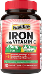Iron Supplement, 65mg Carbonyl Iron with 250mg Vitamin C, Stomach Friendly Iron Pills for Blood Building Women & Men, High Absorption, No Nausea, No Constipation, Non-GMO, No Gluten, 120 Vegan Tabs