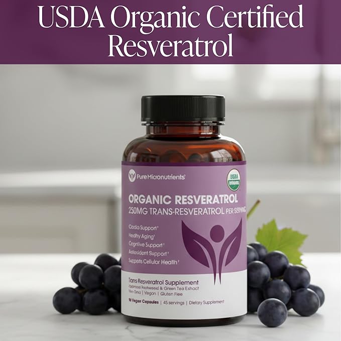 Organic Resveratrol Supplement – Trans-Resveratrol Capsules with Green Tea – Highly Purified & Bioavailable - 90 Vegan Caps