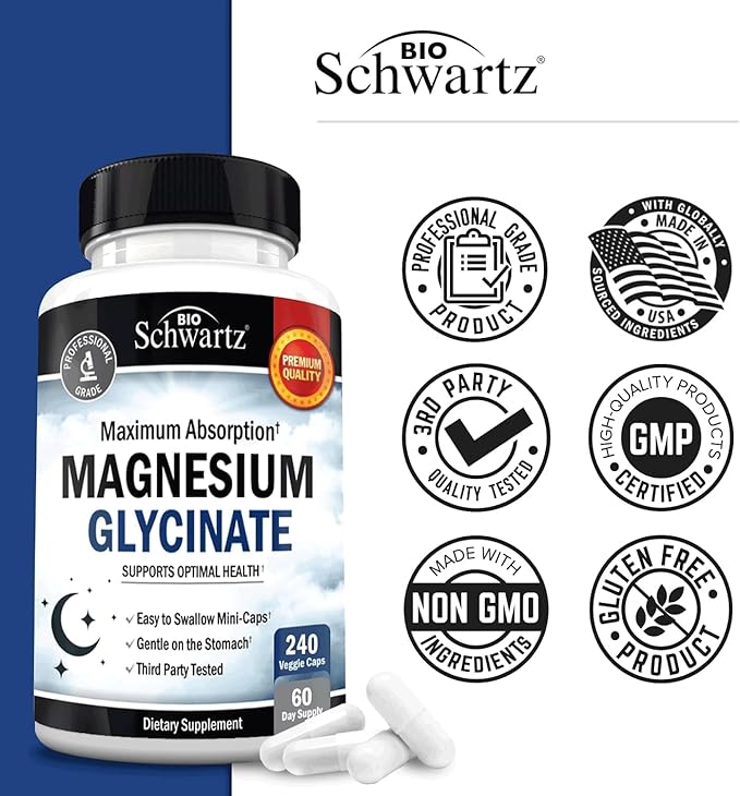 BioSchwartz Magnesium Glycinate 500mg Capsules (240 Mini Caps) Maximum Absorption Magnesium Supplement for Healthy Nerves Muscles Heart Mood and Sleep Support (Vegan, Gluten-Free, Non-GMO)