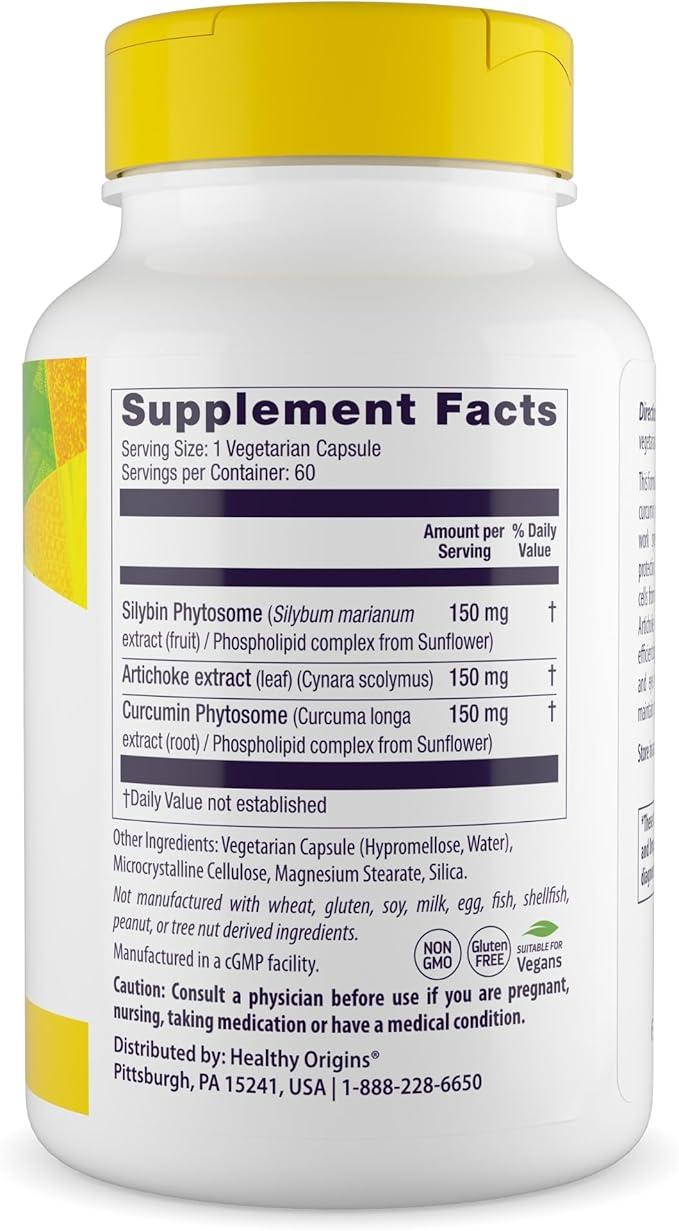 Healthy Origins Silymarin Artichoke Turmeric Liver Support – with Silymarin Phytosome, Artichoke Extract & Curcumin – Supports Liver Health, Antioxidant Protection & Digestion – 60 Capsules