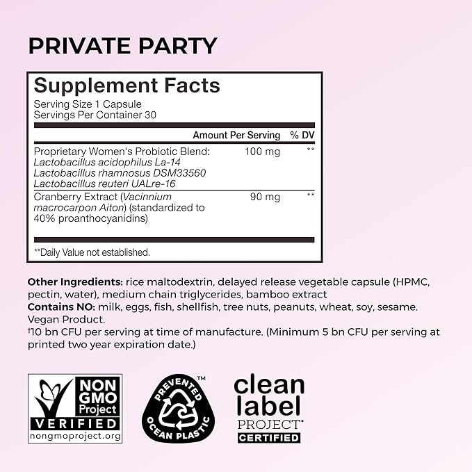 HUM Private Party Vaginal Probiotics for Women, pH Balance and Urinary Tract Support Vaginal Probiotic Supplement with Cranberry & Lactobacillus Blend, Women's Health Cranberry Pills, 30 Capsules