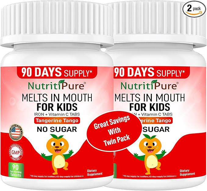 Chewable Iron Supplements for Kids (Ferronyl®/Carbonyl Iron 9 mg with Vitamin C 30 mg) Tablet in Tangerine Tango Orange Flavor Kids Supplement 90 Count (2 Bottles)
