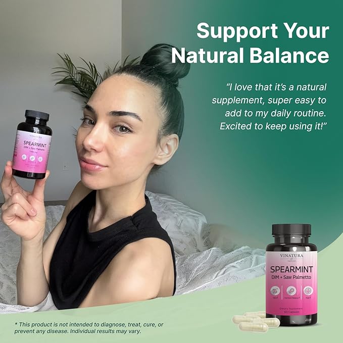 VINATURA Spearmint Leaf Capsules Supplement - Enhanced with DIM & Saw Palmetto, for Unwanted Hair, Women' Health & Skin *USA Made & Tested* - 1380mg/serving, 60 Capsules (30 Servings)