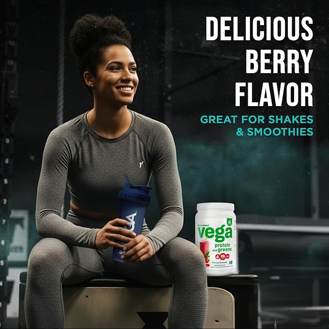 Vega Premium Protein + Supergreens, Berry – 20g Vegan Protein, Dairy & Gluten Free, 20.8 oz (21 Servings)