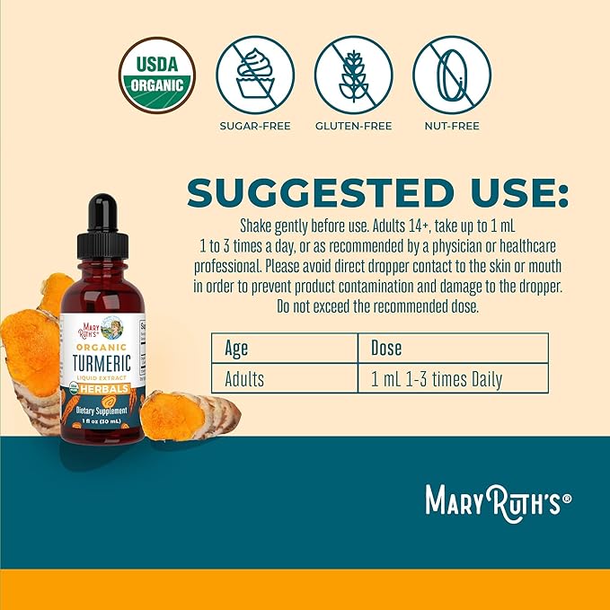 MARYRUTH'S Organics Organic Turmeric Liquid Extract | Sugar Free | USDA Organic | Organic Turmeric Supplement | Non-GMO | Gluten Free | Vegan | Alcohol-Free Tincture | 1 Fl Oz