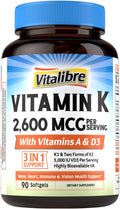 Vitamin K Complex, 2600 mcg K1 & K2 (MK-7 & MK-4), with Vitamin A & D3 5000 IU, Bioavailable, Full Spectrum, for Bone Strength and Heart Health, 90 Softgels