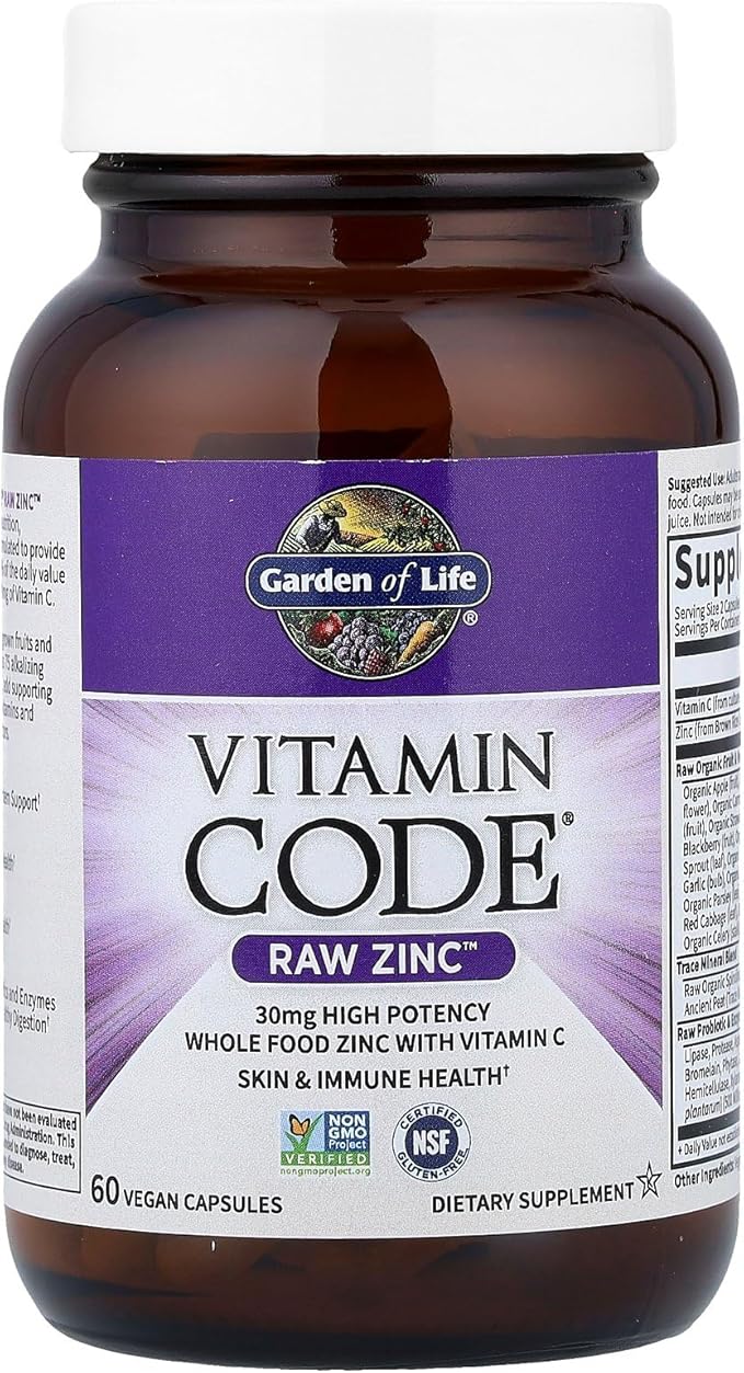 Garden of Life Zinc Supplements 30mg High Potency Raw Zinc and Vitamin C Multimineral Supplement, Vitamin Code Vitamins Trace Minerals & Probiotics for Skin Health & Immune Support, 60 Vegan Capsules