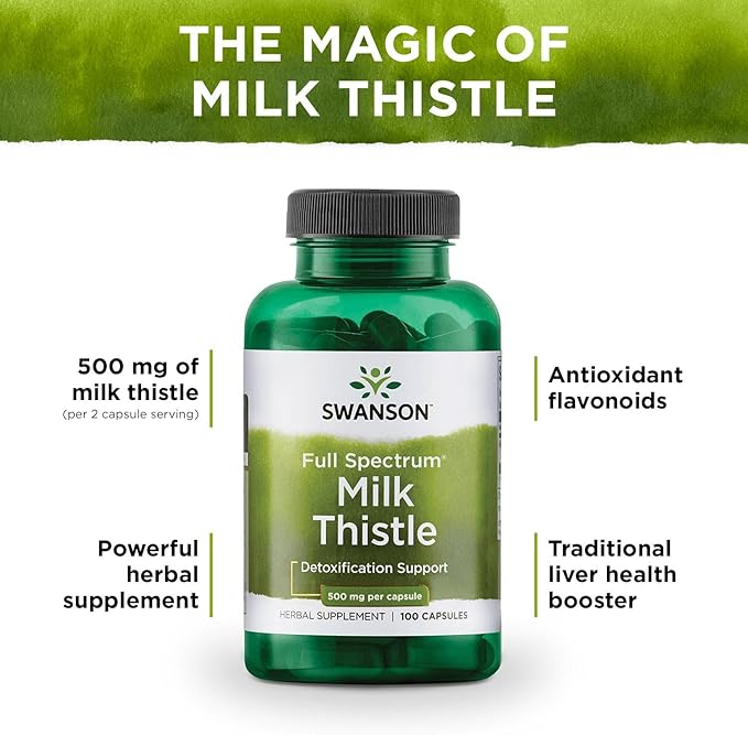 Swanson Full Spectrum Milk Thistle Liver Health Supplement for Adults Seeking Natural Detoxification and Antioxidant Support - 500 mg (100 Vegan Capsules)