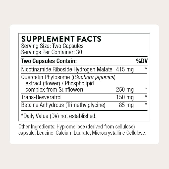 Thorne ResveraCel - Nicotinamide Riboside with Quercetin Phytosome and Resveratrol - Support Healthy Aging, Methylation, Cellular Energy Production and Metabolism - 60 Capsules - 30 Servings