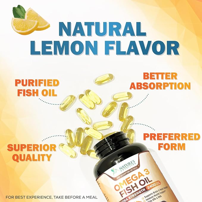 Omega 3 Fish Oil Supplements - 2400mg Fish Oil Per Serving - Triple Strength Omega-3 with EPA & DHA Fatty Acids - Natural Heart, Brain & Immune Support - Wild Caught, Bottled in USA - 120 Softgels
