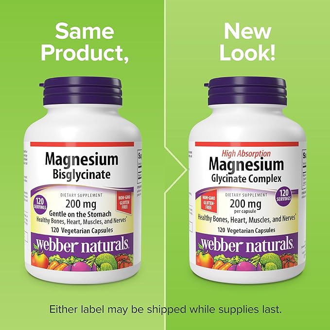 Webber Naturals Magnesium Glycinate Complex 200 mg, 120 Vegetarian Capsules, High Absorption Formula, Supports Bones, Heart, Muscles & Nerves, One-per-Day, Vegan, New Label!