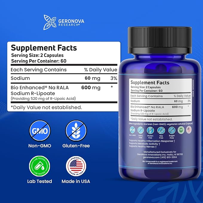 Geronova Research Bio-Enhanced R-Lipoic Acid, 600 mg Capsules - 6 Month Supply - Stabilized R Alpha Lipoic Acid with Enhanced Absorption - R Lipoic Acid Supplement - 360 Count