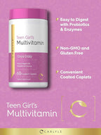 Carlyle Teen Multivitamin for Girls | 60 Caplets | Once Daily | Easy to Digest with Probiotics & Enzymes | with Iron | Non-GMO, Gluten Free