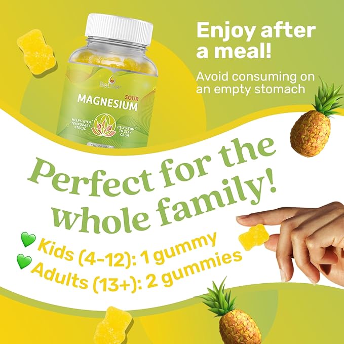 BeLive Magnesium Glycinate Gummies 200 mg - Sugar Free Supplement for Muscle Relaxation, Sleep Support, & Heart Health for Adults & Kids - Pineapple Flavor - 2 Pack, 120 Count