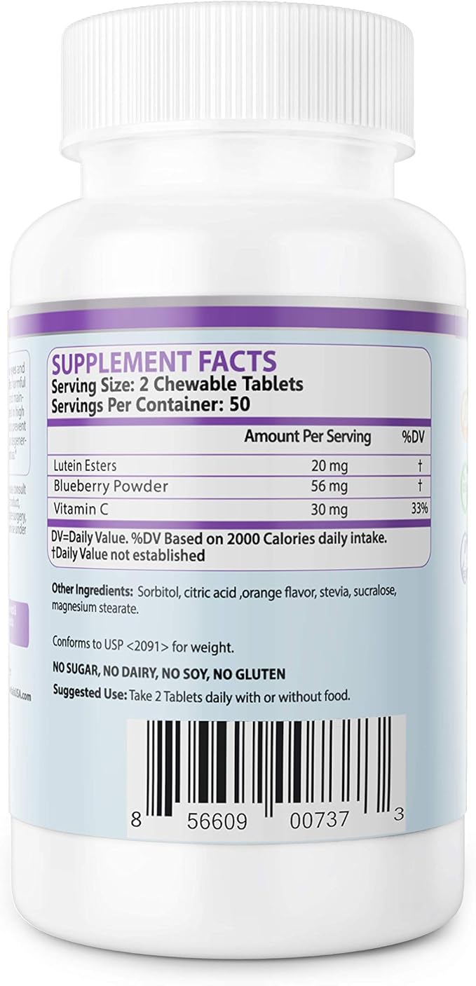Lutein Esters 20mg Chewable Tablets for Eye Health - Blue Light Protection, Digital Eye Strain Relief, Antioxidant Support - Blueberry Flavor, Gluten-Free, Non-GMO, 100 Count