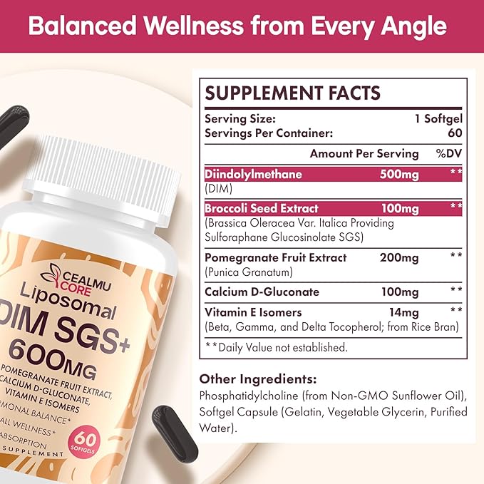 Liposomal DIM SGS Supplement - Estrogen Supplements for Women & Men Contains Sulforaphane Glucosinolate, Vitamin E, Pomegranate Fruit - Support Detox and Antioxidant (1 Pack)