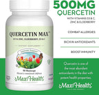 Maxi Health Quercetin 500mg Capsules – Zinc Supplements for Women and Men – Non-GMO, Kosher, and Gluten-Free Quercetin Supplements with Elderberry Vitamin C and Zinc (90 Veg Capsules, Pack of 2)