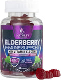 Elderberry Immune Support Gummies - 3X Strength Sambucus Elderberry Gummy with Vitamin C, D3 & Zinc - Nature’s Black Elderberry Extract - Immune Support Supplement for Adults & Kids - 60 Gummies
