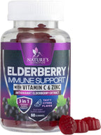 Elderberry Immune Support Gummies - 3X Strength Sambucus Elderberry Gummy with Vitamin C, D3 & Zinc - Nature’s Black Elderberry Extract - Immune Support Supplement for Adults & Kids - 60 Gummies
