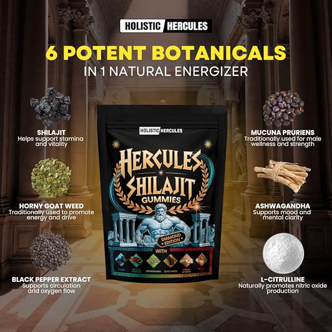 Holistic Hercules Himalayan Gold Shilajit Gummies with Ashwagandha Black Maca Tongkat Ali Panax Ginseng Mucuna | 100% Natural Organic | Vegan Non-GMO Sugar-Free (30)