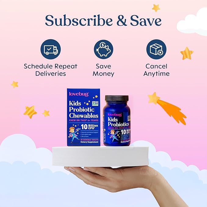 LOVEBUG Probiotics for Kids – Probiotic Chewables with Prebiotic Fiber for Age 4+,Daily Children's Gut Health & Digestive Support Supplement, Sugar-Free Berry Flavor, 30 Count