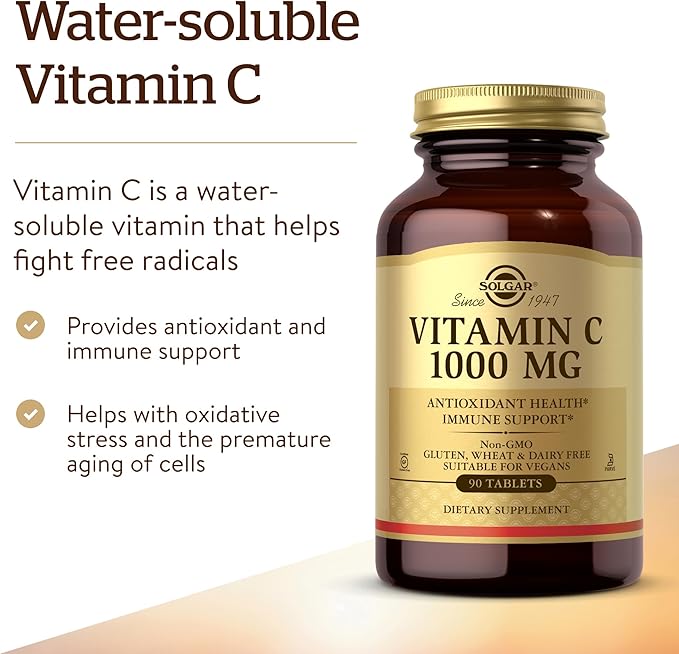 Solgar Vitamin C 1000 mg, 90 Tablets - Antioxidant & Immune Support, Overall Health, Healthy Skin & Joints - Bioflavonoids Supplement - Non-GMO, Vegan, Gluten Free, Kosher - 90 Servings
