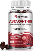 BEWORD Astaxanthin 12mg with MCT Oil, 60/120 Softgels 2-Month Supply | Premium Antioxidant Supplements | Natural Microalgae, Triple Strength | Supports Skin & Eye Health | Non-GMO, Gluten & Soy-Free