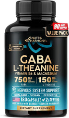 GABA L-Theanine 900 mg - Made in USA - Magnesium | Vitamin B6 - Calm, Sleep, Relaxation & Mood Support - 750 mg Gamma AminoButyric Acid, 150 mg L-Theanine - Non-Habit Forming, Vegan - 180 Capsules
