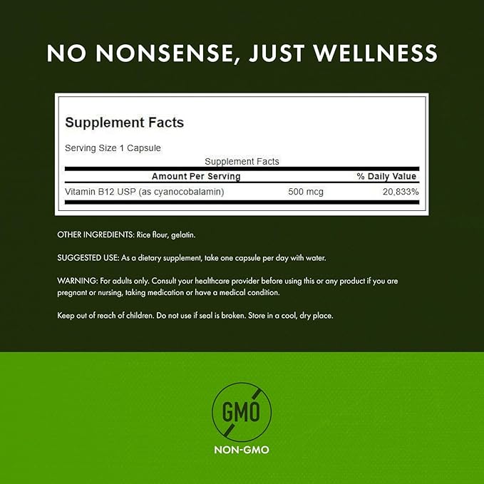 Swanson B12 Cyanocobalamin - Metabolism & Energy Support - Aids Nervous System & Cardiovascular Health - Supports Red Blood Cell Production* - Non-GMO & Gluten Free - 250 Capsules