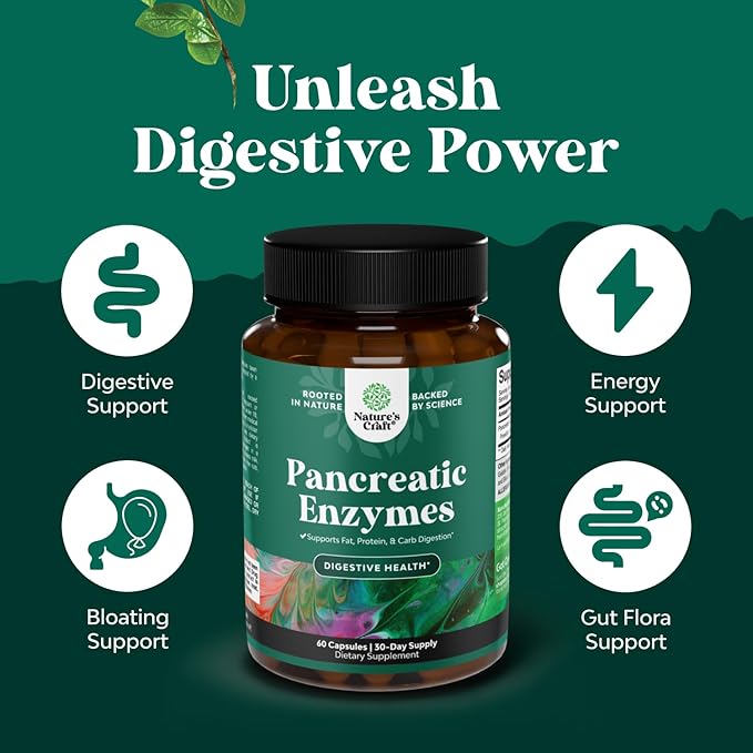 Pancreatin Digestive Enzymes Digestion for Gut Health - Pancreatic Digestive Enzymes for Women & Men with Protease, Lipase & Amylase - Bloating, Stomach Health, Fat, Carb & Protein - 60 Count