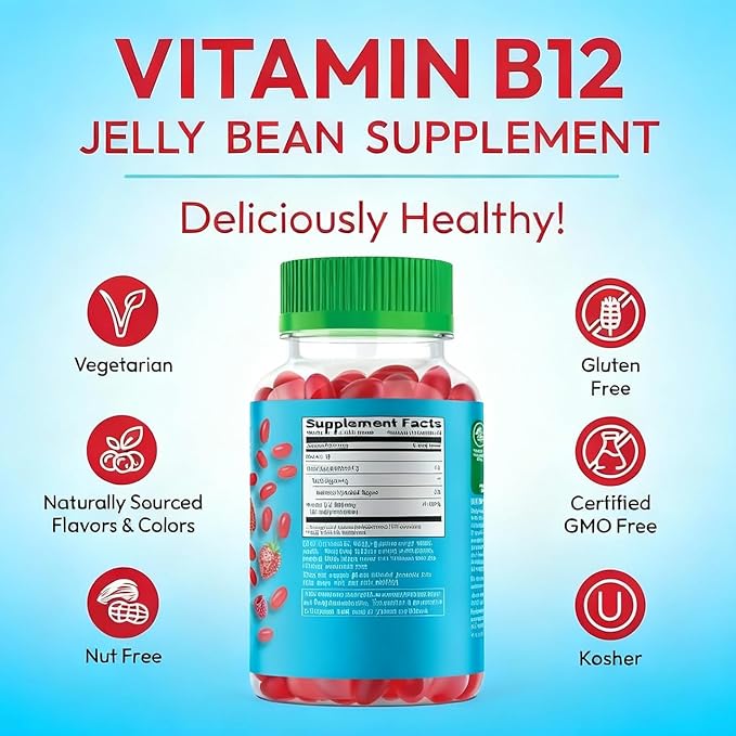 Methylated Vitamin B12, Jelly Bean Gummies for Adults, Brain Health and Energy Booster, Healthy Hair, Skin, and Nails, Nutritional Vegetarian Supplements, 120 Jelly Beans